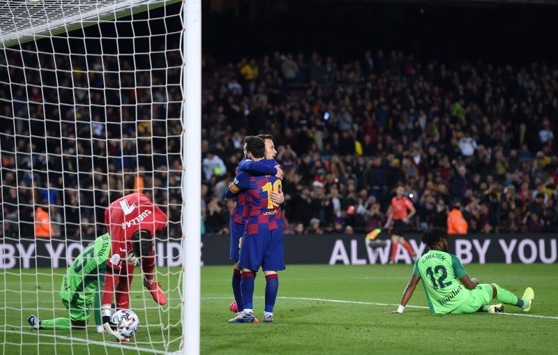 Messi and Arthur celebrate during Barcelona&#039;s 5-0 win over Leganes