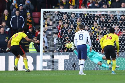 Troy Deeney saw his penalty saved by Paulo Gazzaniga in Watford's 0-0 draw with Tottenham