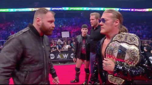 Jon Moxley confronting AEW Chris Jericho in the final moments of AEW Dynamite