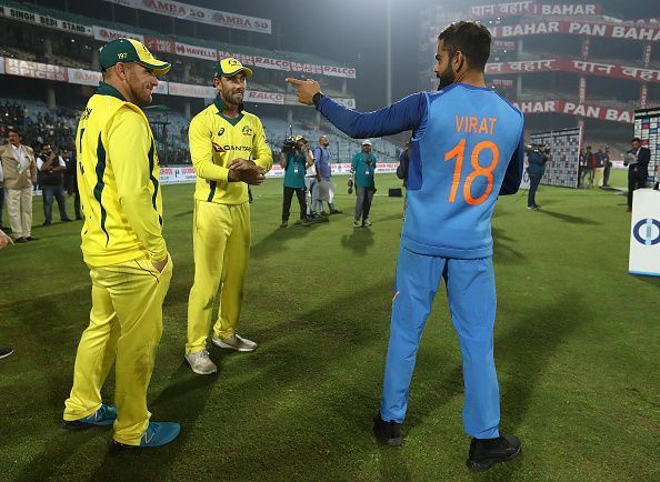 Aaron finch (left), Glenn Maxwell (center) and Virat Kohli (right) during the 2019 ODI series