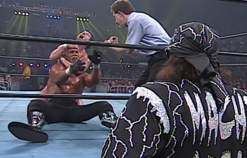 Macho Man Randy Savage looks on prior to turning heel at SuperBrawl VII