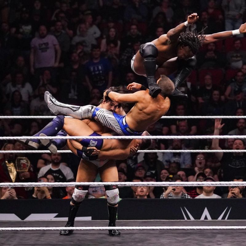 One of many incredible sequences that these four pulled off in the Cruiserweight match.