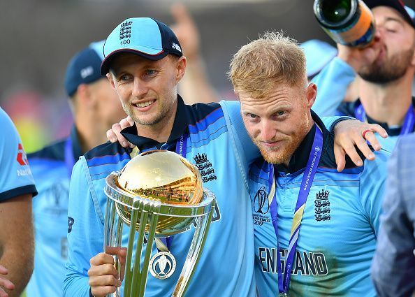 Ben Stokes (right) and Joe Root (left) celebrating the CWC