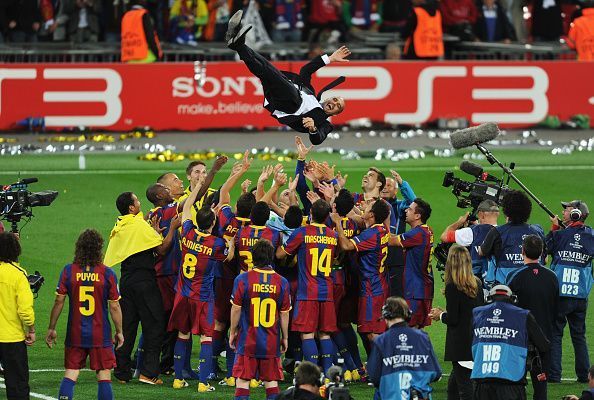 Barcelona celebrate after outclassing Manchester United in the UEFA Champions League Final in 2011