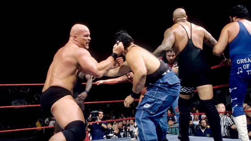 Stone Cold tangles with the competition at the 1998 Rumble