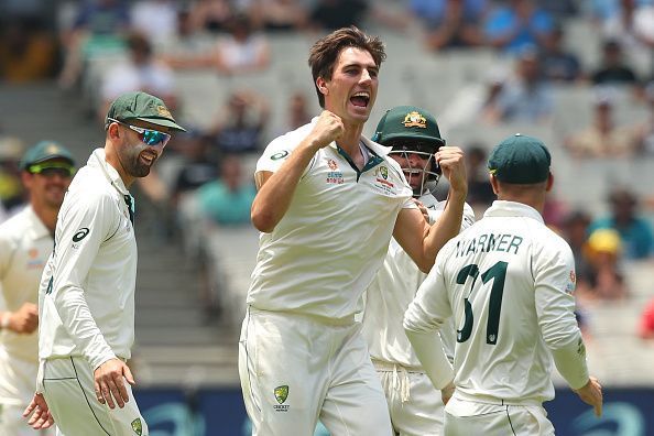 Pat Cummins celebrating an NZ wicket