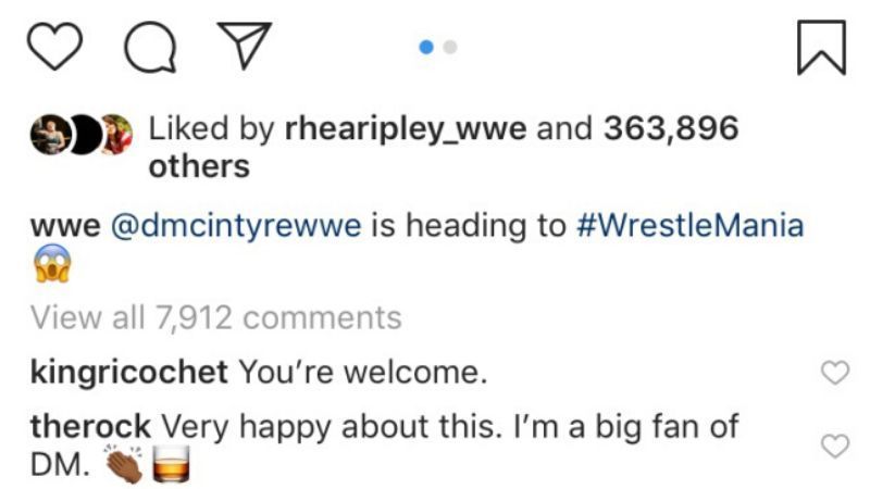 The Rock replied to WWE's Instagram post (screenshot via