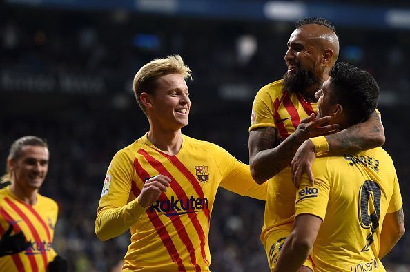 Barcelona celebrate Arturo Vidal&#039;s powerful header goal