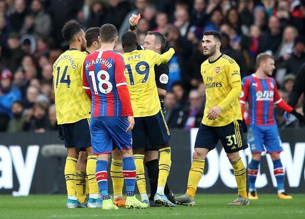 Pierre-Emerick Aubameyang&nbsp;being sent off against Crystal Palace