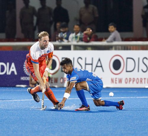 Action during the second match between India and Netherlands