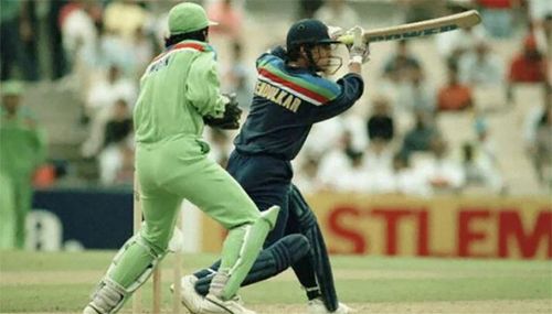 Sachin Tendulkar driving during his man-of-the-match innings vs Pakistan in World Cup 1992