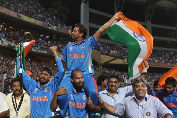Fellow teammates carry Sachin Tendulkar on their shoulders after 2011 ICC World Cup triumph