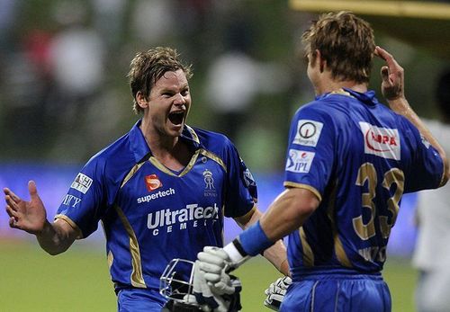 Rajasthan Royals' Shane Watson and Steve Smith celebrating the closest of wins