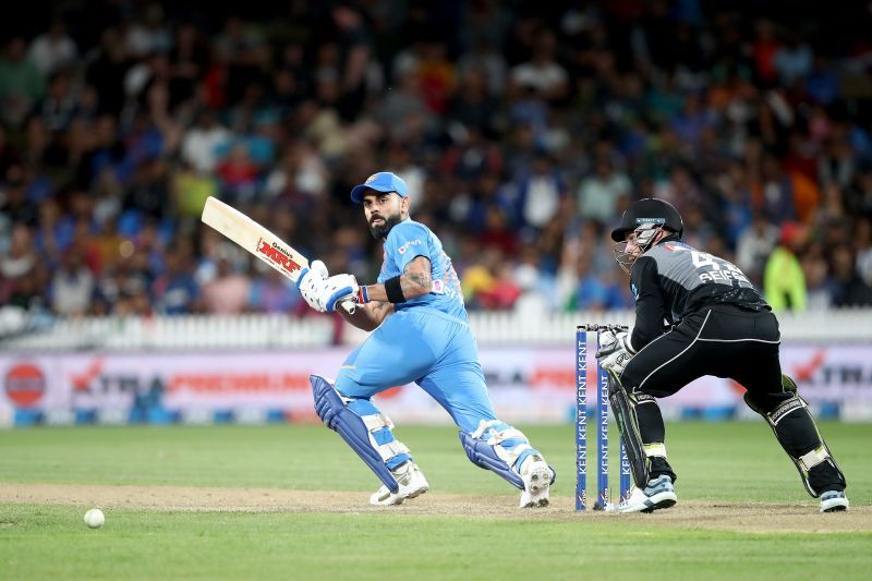 Virat Kohli (left) playing a shot in the recently concluded limited-overs series&#039;