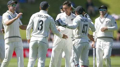 New Zealand celebrate a wicket against India