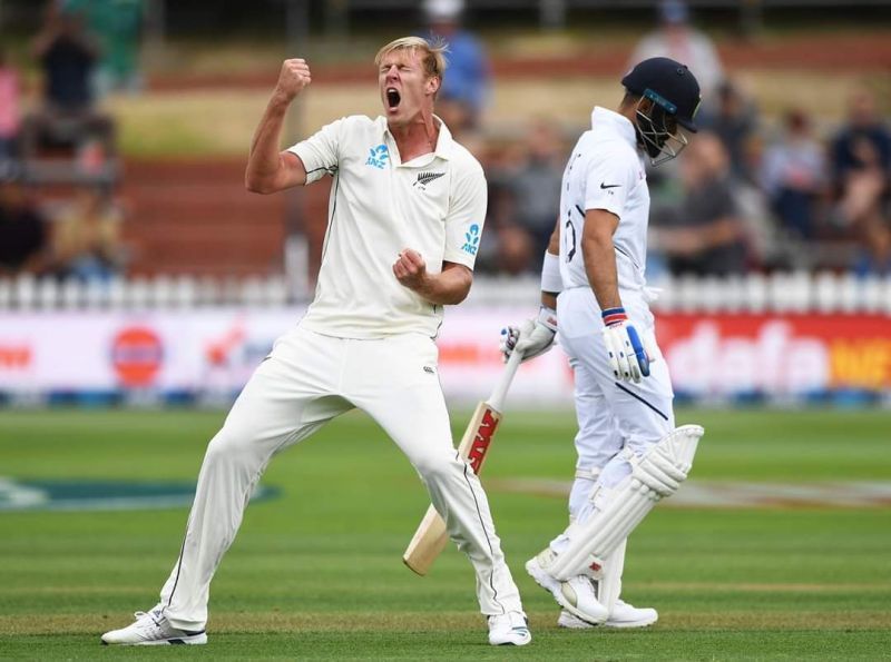 Kyle Jamieson celebrating the wicket of Virat Kohli