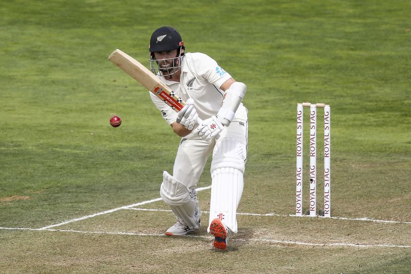 Kane Williamson defends the ball confidently.