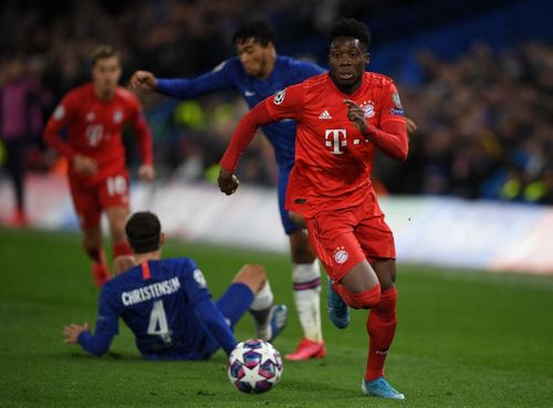 FC Bayern Muenchen's Alphonso Davies outrunning Chelsea's defence in the UEFA Champions League