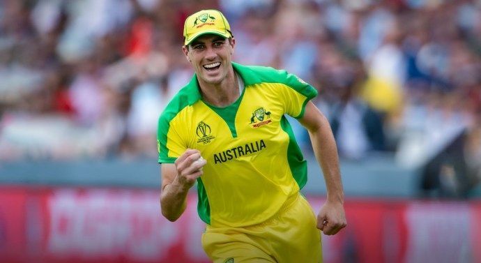 Pat Cummins celebrates for Australia at the 2019 World Cup.