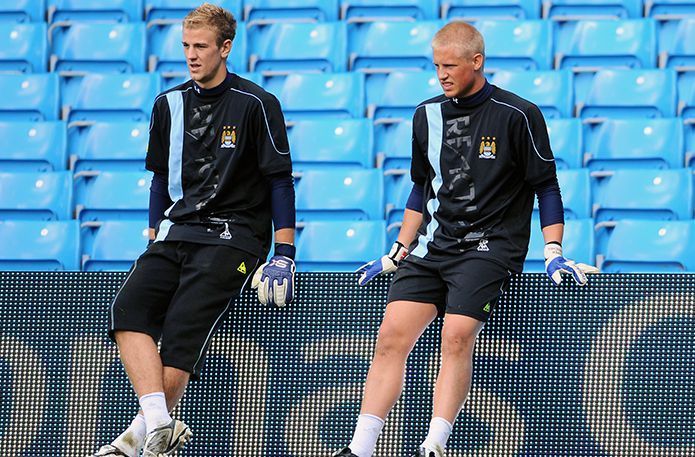 Kasper Schmeichel (right) was&nbsp;second choice to Joe Hart (left) during his time at Manchester City