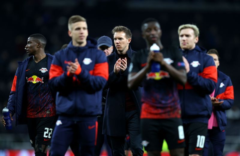 Julian Nagelsmann celebrating with the RB Leipzig players after a victory over Tottenham last night.