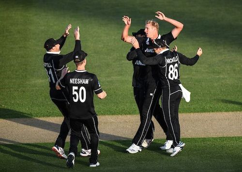 Kyle Jamieson celebrates the wicket of Prithvi Shaw