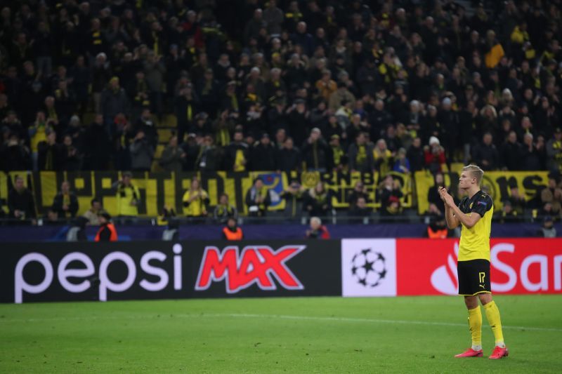 Erling Haaland accepts the plaudits following his two goals for Borussia Dortmund against Paris Saint-Germain in the Champions League