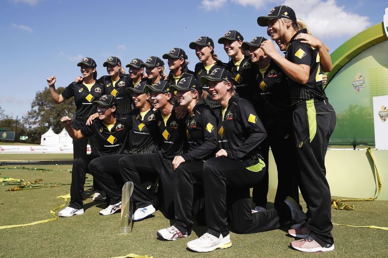 Australian Women&#039;s Team with the Tri-Series Trophy