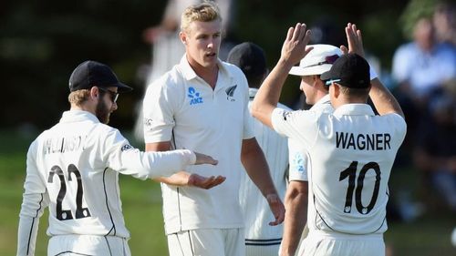 New Zealand bowler Kyle Jamieson celebrates one of his five wickets