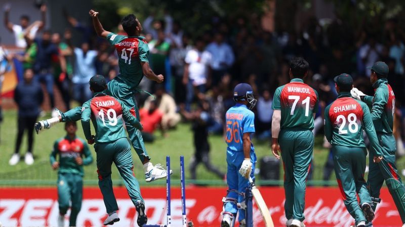 Bangladeshi players celebrating the wicket of Ravi Bishnoi (Image courtesy: ICC)