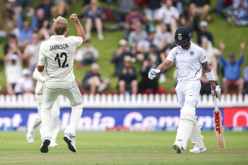 Kyle Jamieson celebrates jubilantly after dismissing Virat Kohli.