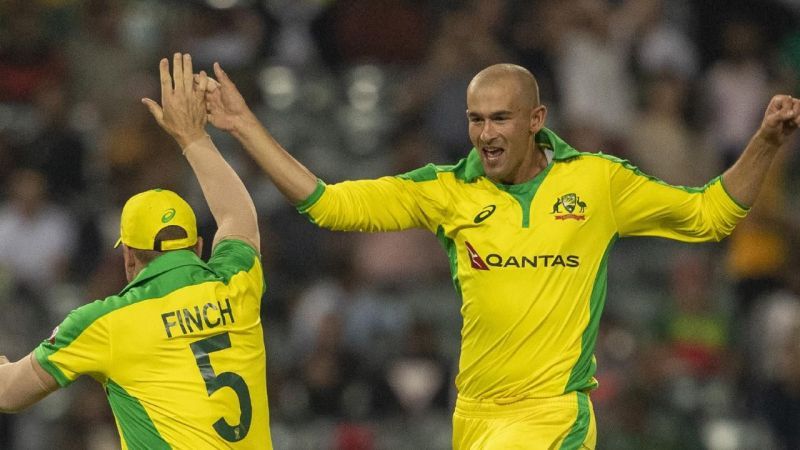 Aaron Finch and Ashton Agar celebrating a wicket against South Africa
