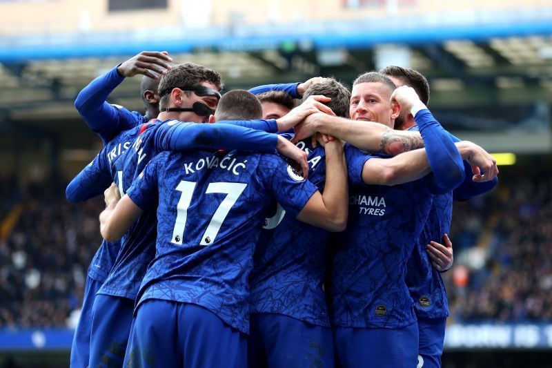 Chelsea players celebrate in style as Marcos Alonso plunders the second goal