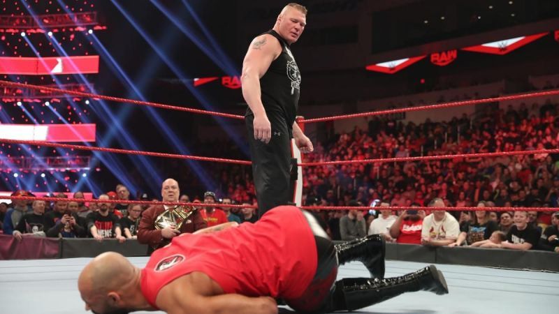Brock Lesnar attacking Ricochet