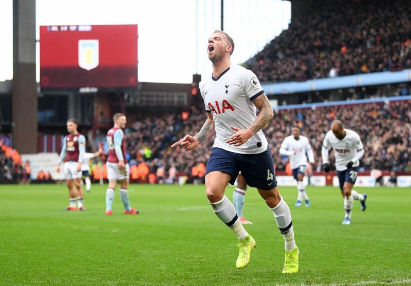Tottenham&#039;s Toby Alderweireld celebrates scoring against Aston Villa.