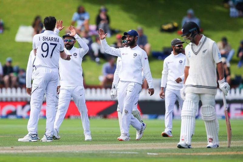 The Indian team celebrating the wicket of Trent Boult