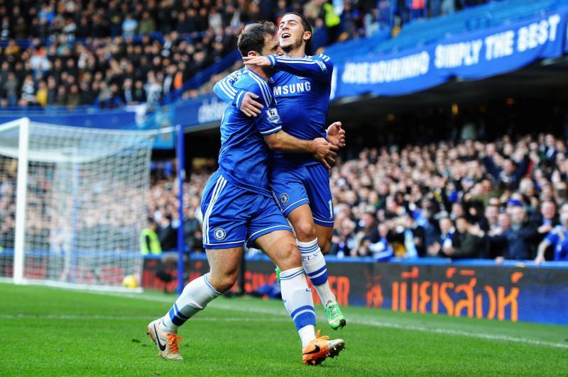 Branislav Ivanovic celebrating with Eden Hazard