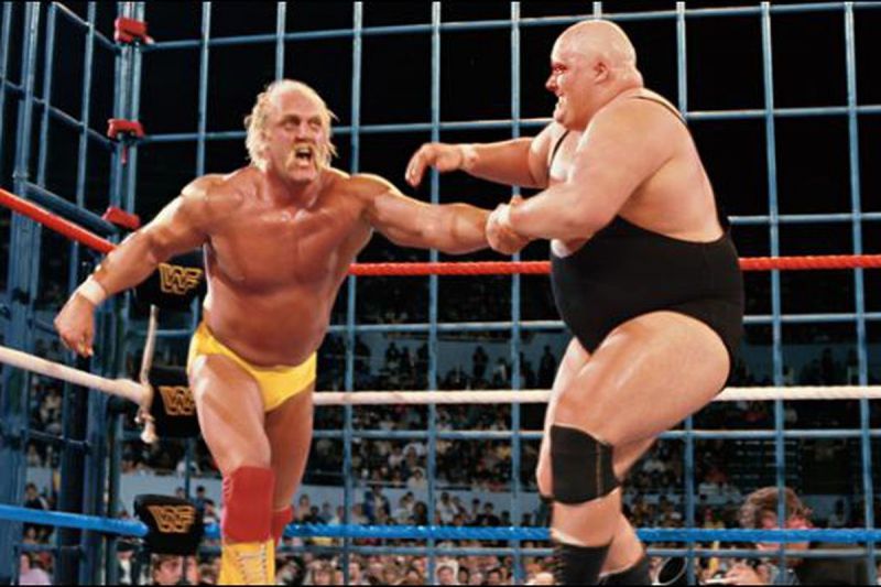 Rage in the Cage: King Kong Bundy irish whips Hulk Hogan out of the corner at the main event of Wrestlemania II.