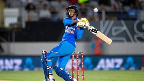 Navdeep Saini during his knock of 45 off 49 deliveries in the 2nd ODI at the Eden Park in Auckland.