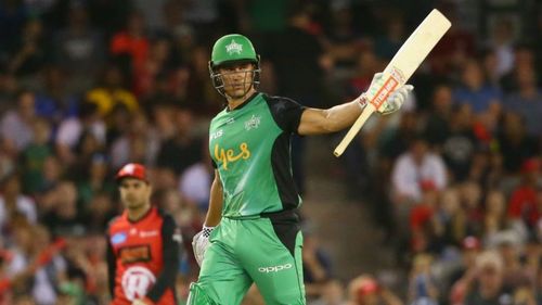 Marcus Stoinis raises his bat in celebration