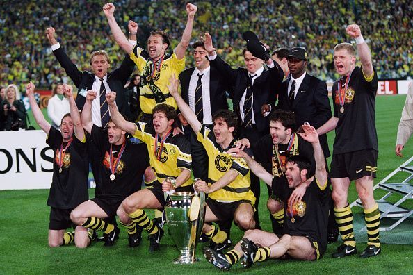 Borussia Dortmund celebrate their win over Juventus in the 1997 Champions League final