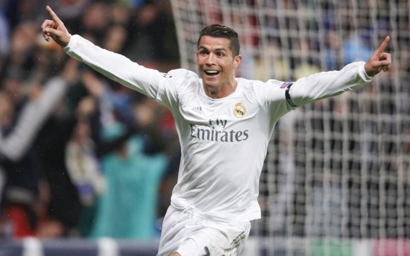 Ronaldo celebrates after scoring one of his 3 goals against Wolfsburg