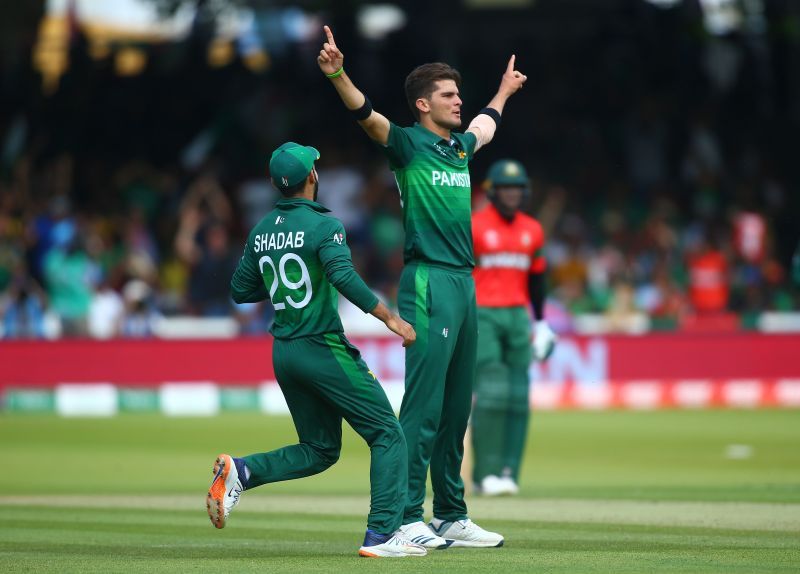 Shadab Khan and Shaheen Afridi celebrate the fall of a wicket