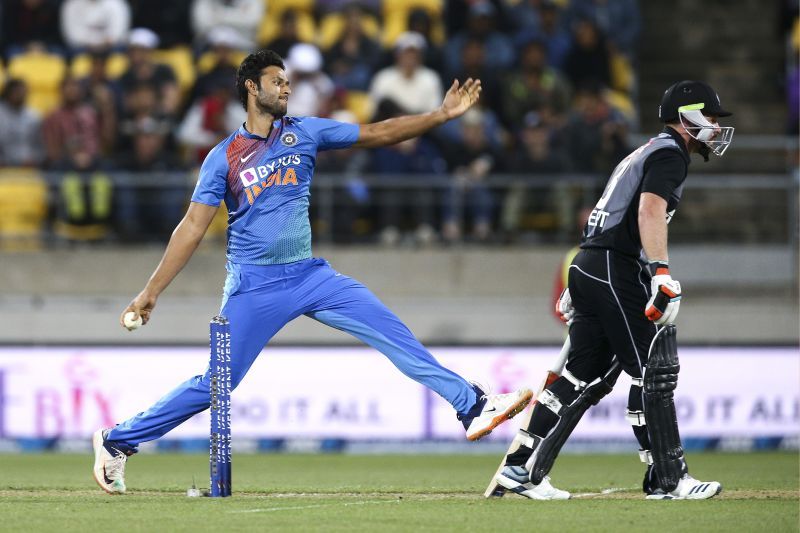 Shivam Dube bowling against New Zealand