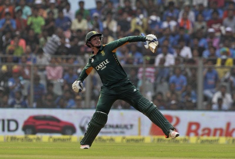 Quinton de Kock celebrates his 5th century against India