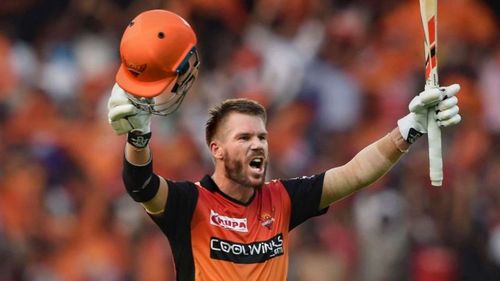 David Warner celebrating his breathtaking hundred against RCB in IPL 2019