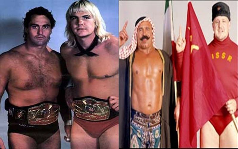 Mike Rotundo (Bray Wyatt's father) and Barry Windham (WWE Hall of Famer) vs. Iron Sheik and Nikolai Volkoff (also HOF members.)