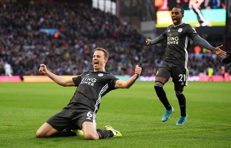 Jonny Evans celebrating after his goal at Villa Park earlier this season