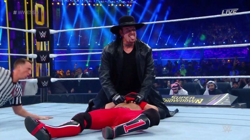 The Undertaker making quick work of AJ Styles at Super ShowDown 2020