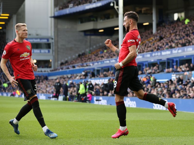 Macho man- Bruno Fernandes celebrates after scoring against Everton